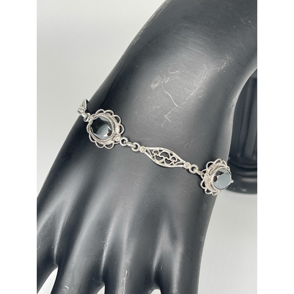 VTG AMCO Sterling Silver‎ Black Glass Filigree Bracelet Signed